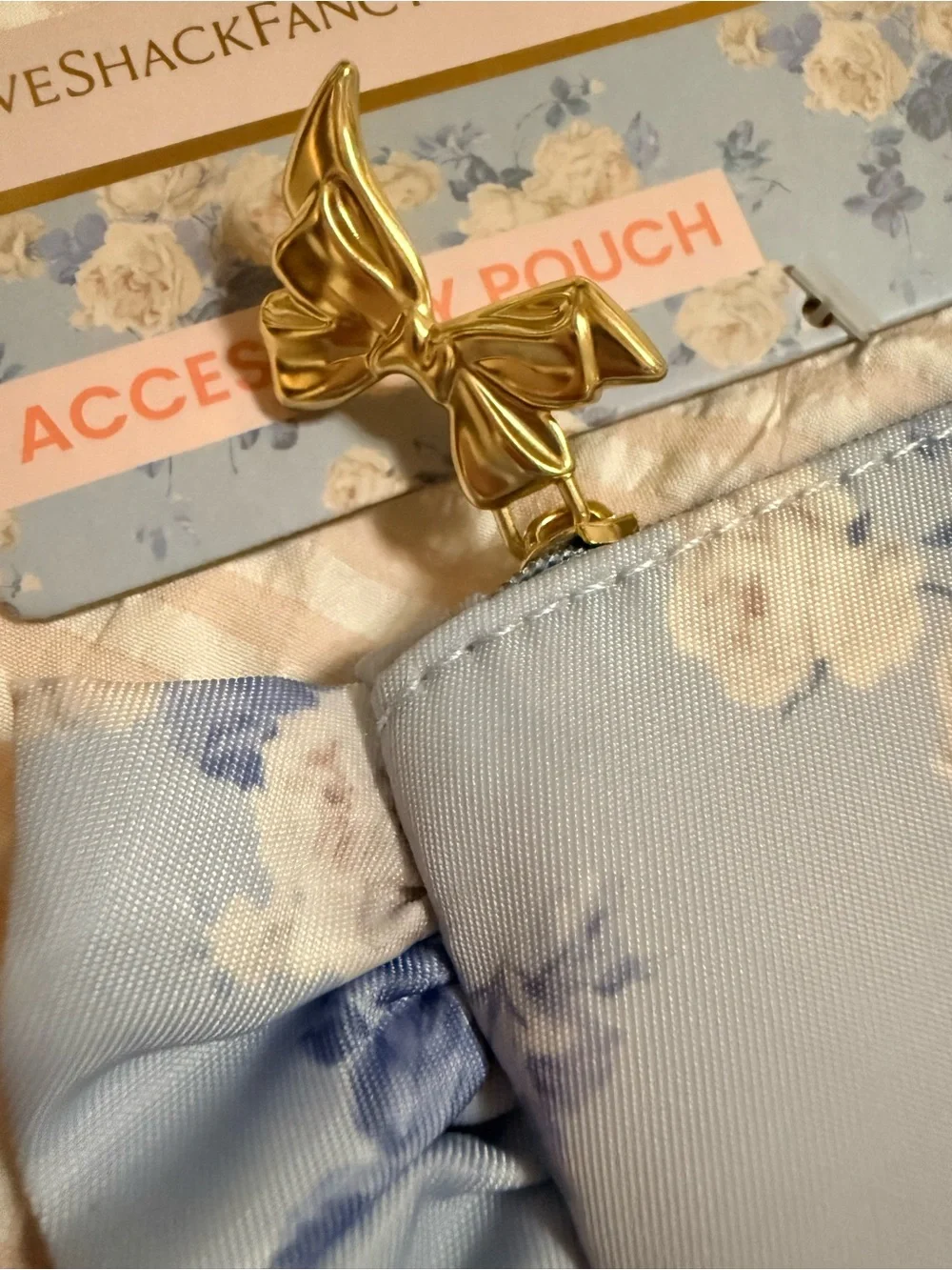 LoveShackFancy Blue Floral Ruffle Accessory Pouch w/gold bow detail NWT